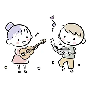 楽しそうにギターを弾く女の子と歌詞カードを持って歌う男の子のイラスト