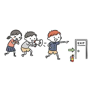 非常口の看板を指差して避難誘導をする子供たちと消火器のイラスト