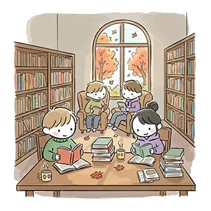 紅葉が見える窓のある図書館でテーブルを囲んで読書をする子供たちのイラスト