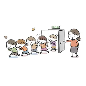 先生の指示に従い口を押さえて非常口から避難する子供たちのイラスト
