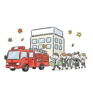 消防車の前でビルから落ち着いて避難するスーツ姿の会社員たちのイラスト