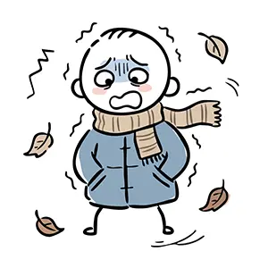 強い北風と舞う落ち葉の中でマフラーを巻いて寒さに震えている人のイラスト