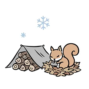 落ち葉の中でどんぐりを持ち冬支度をしているリスと薪のイラスト