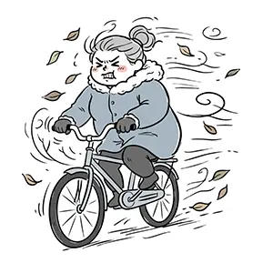 強い向かい風と舞う落ち葉の中で必死に自転車を漕いでいるおばさんのイラスト