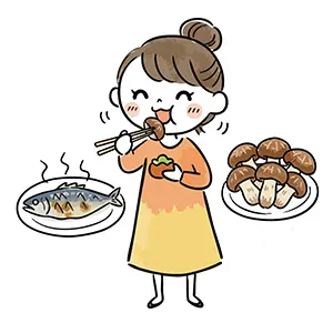 焼き魚やキノコや柿などの秋の味覚を美味しそうに食べている女性のイラスト