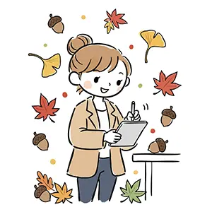 イチョウや紅葉やどんぐりに囲まれてペンを持ちタブレットにメモをする女性のイラスト