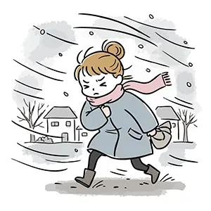 激しい風と雪の吹雪の中でマフラーを巻き必死に歩く女性のイラスト