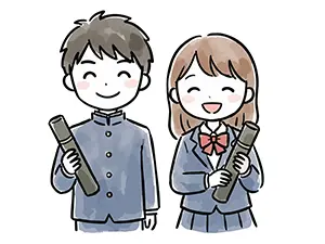 卒業証書の筒を手に持ち、笑顔で並んで立っている制服姿の男女のイラスト