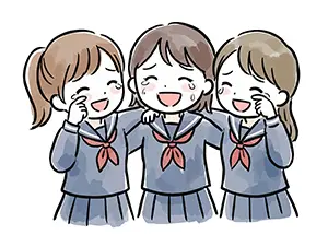 卒業式で肩を組み、嬉し泣きしながら笑顔を見せる仲の良い女子生徒3人組のイラスト