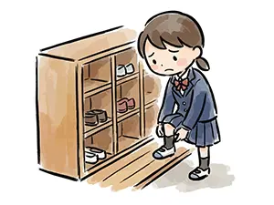 学校の下駄箱の前で、寂しそうな表情で靴を履き替えている女子生徒のイラスト