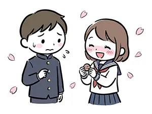 卒業式の日、男子生徒から第二ボタンをもらって嬉しそうにしている女子生徒のイラスト
