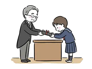 卒業式の壇上で、校長先生から卒業証書を丁寧に受け取っている生徒のイラスト