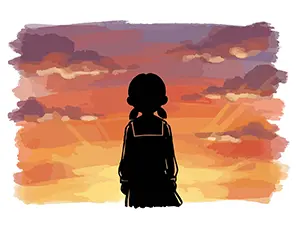 鮮やかな夕焼け空を背景に、未来を見つめるように立つ女子生徒の後ろ姿のシルエットイラスト