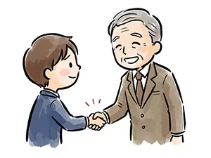 笑顔でお世話になった年配の男性教師と握手を交わしている男子生徒のイラスト