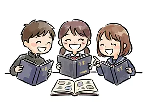 教室で卒業アルバムを開き、笑顔で思い出を語り合っている3人の学生のイラスト