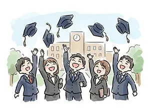大学の校舎を背景に、卒業生たちが一斉に帽子を空高く投げ上げているイラスト