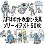AI・ロボットの進化・失業のフリーイラスト素材50枚。仕事を奪われる人間、自動化される工場、監視社会などテクノロジーと社会問題の無料画像