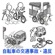 自転車の交通事故や交通ルール違反の具体的な場面（スマホ、転倒、巻き込み等）を描いた、シンプルで使いやすいピクトグラムの無料イラスト素材集サイトへ。商用OK・登録不要でダウンロード。ブログやポスター制作に最適。