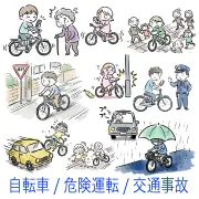 自転車の危険運転や交通事故を描いた手書き風の無料イラストフリー素材です。スマホながら運転等のヒヤリハット画像が満載。商用OK・登録不要ですぐにダウンロードでき、ブログ作成や資料作成の挿絵として大活躍！ぜひサイトをご覧ください。