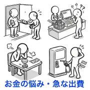 「お金の悩み・急な出費」に困るシーンを集めた無料イラスト素材集です。家賃や食費、ガソリン代の高騰に疲弊するシンプルでかわいいピクトグラムが満載。商用OK・登録不要でダウンロードでき、ブログの挿絵やビジネス資料にすぐ使えます！
