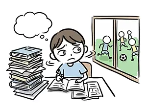 勉強中に窓の外で遊ぶ友達を見て遊びに行きたいと葛藤する男の子のイラスト