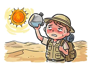 炎天下の砂漠で残り少ない水を飲むべきか我慢するか迷っている探検家のイラスト