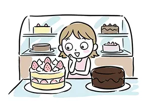 ショーケースの前でショートケーキとチョコレートケーキのどちらを買うか目を輝かせて迷う女の子のイラスト