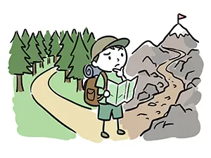 登山の分岐点で平坦な道と険しい道のどちらに進むか地図を見て迷う男性のイラスト