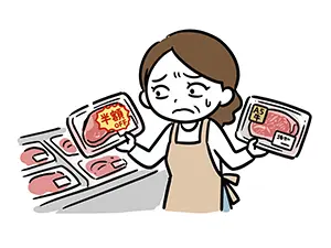 スーパーでお買い得な半額肉とA5ランクの高級肉のどちらを買うか迷う主婦のイラスト