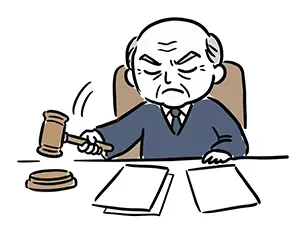 法廷で木槌を鳴らして最終的な判決・決断を下す裁判長のイラスト