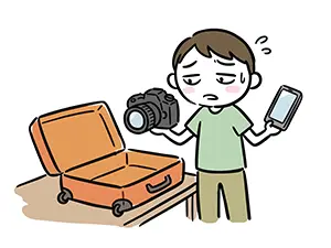 旅行の準備で一眼レフカメラとスマホのどちらを持っていくか迷う男性のイラスト