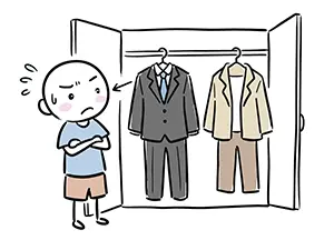 クローゼットの前でスーツかカジュアルな服か着ていく服装に悩んでいる男性のイラスト