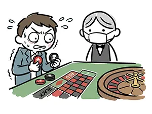 カジノのルーレットで赤と黒のどちらのチップを賭けるか焦って迷っている男性のイラスト