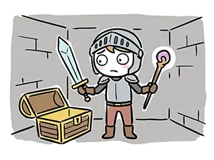ダンジョンで宝箱を前に剣と杖を持ち戦士か魔法使いのどちらになるか迷う勇者のイラスト