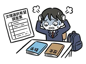 文理選択希望調査票を前に数学と歴史の教科書を見て進路に悩む男子学生のイラスト