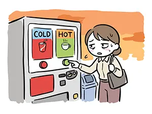 夕暮れの自動販売機の前で疲れ果ててCOLDかHOTか飲み物を迷う女性のイラスト