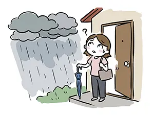 玄関先で土砂降りの雨を見て外出を迷っている女性のイラスト