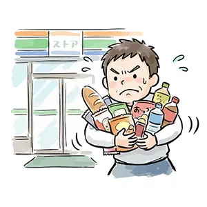 コンビニでレジ袋を買わずに節約し、たくさんの商品を無理やり手で抱えて運ぶ男性のイラスト