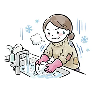 真冬の寒い台所で光熱費節約のためゴム手袋をして水で皿洗いをする主婦のイラスト