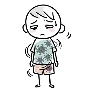 体の中にインフルエンザウイルスが入り込み感染している男の子のイラスト