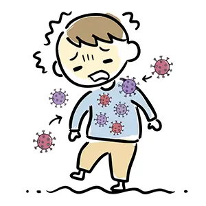 周囲をインフルエンザウイルスに囲まれて感染の危機にある男の子のイラスト