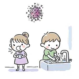 手洗いとうがいをしてインフルエンザウイルスをやっつける子供たちのイラスト