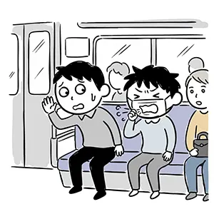 電車内でマスクをせずに咳をして周りの乗客に嫌がられている男性のイラスト