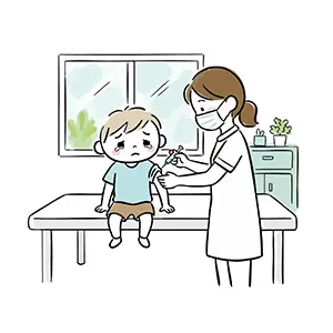 インフルエンザの予防接種で注射をされて泣いている男の子と看護師のイラスト