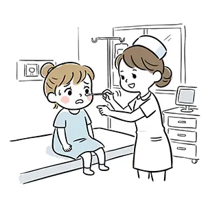 看護師に鼻へ綿棒を入れられインフルエンザ検査を受ける女の子のイラスト