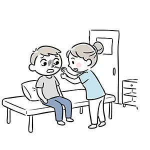 病院で鼻に綿棒を入れるインフルエンザ検査を受けている男性のイラスト