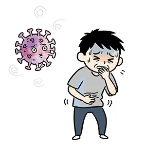 インフルエンザウイルスにより吐き気と腹痛に襲われている男性のイラスト