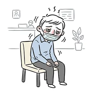 マスクをして病院の待合室で診察を待つ体調不良の高齢男性イラスト