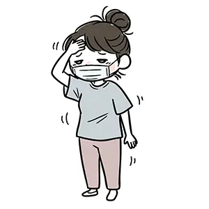 マスクを着用し発熱のため額に手を当てて辛そうにしている女性のイラスト