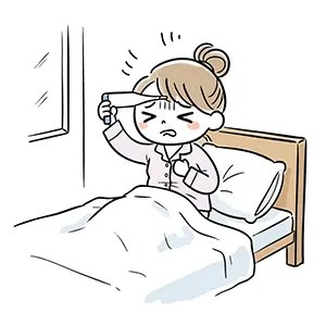 インフルエンザで発熱し体温計を見て驚いている女性のイラスト